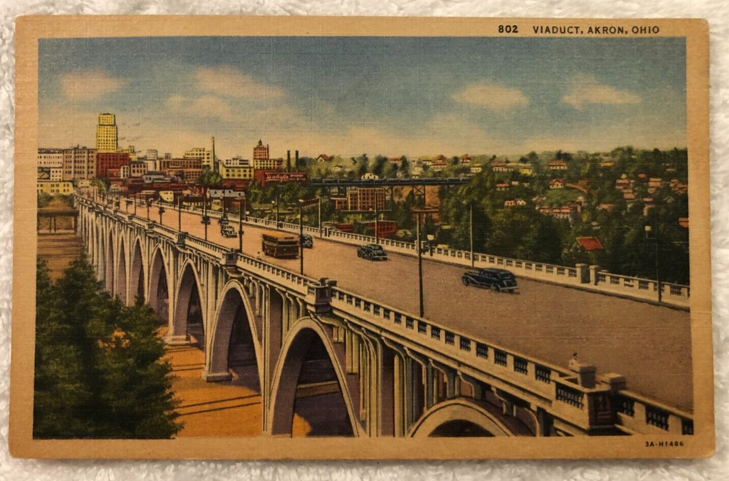Post Card Viaduct Akron Ohio, posted 1954, Bridge & cars