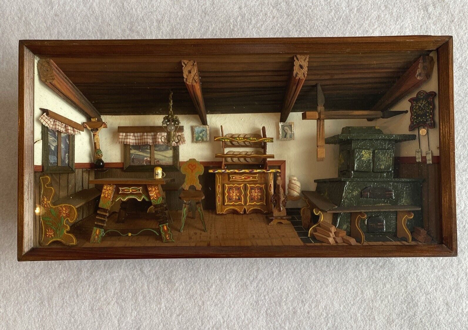 3D Diorama German Vtg. Wooden Shadow Box Folk Art Kitchen 15.5 \