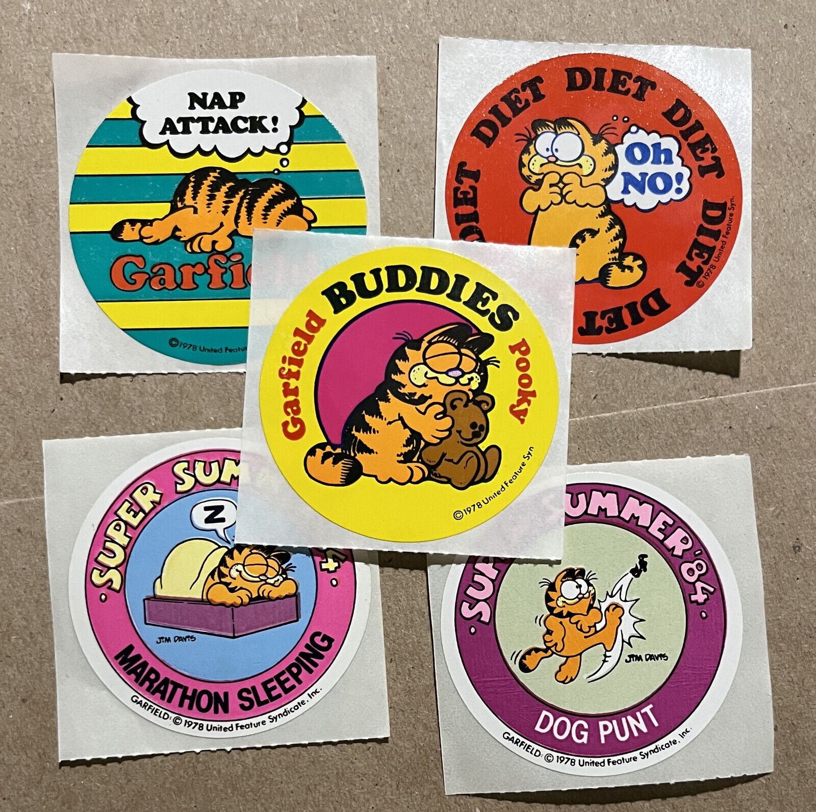 5 Garfield Stickers 1978 Vintage Assortment Odie Pooky Jim Davis