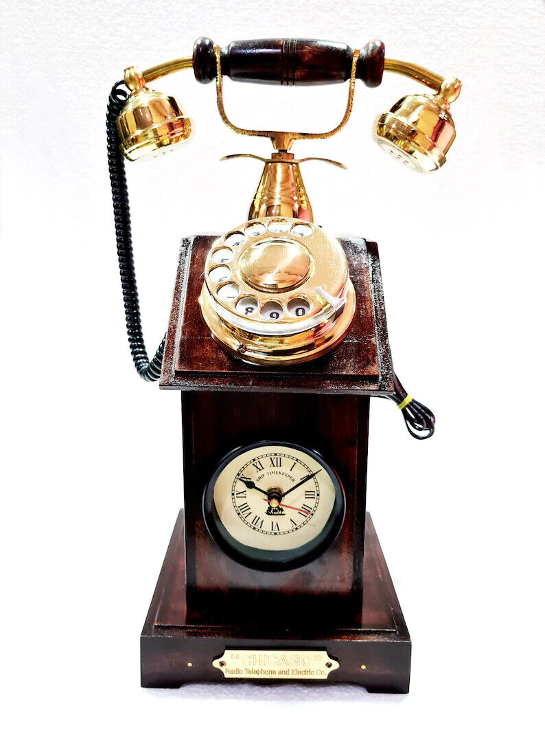 Beautiful Wooden Clock & Vintage Antique Victorian Telephone Brass Rotary Dial 