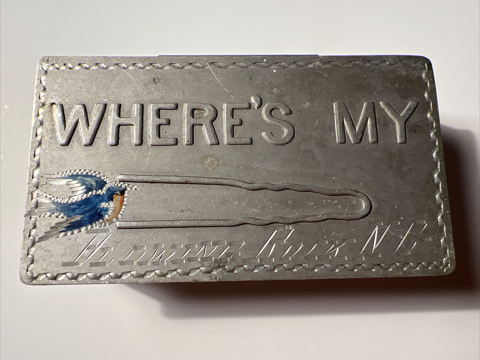 Vintage BLOWING ROCK North Carolina Aluminum Hairpin Box Souvenir w Bluebird
