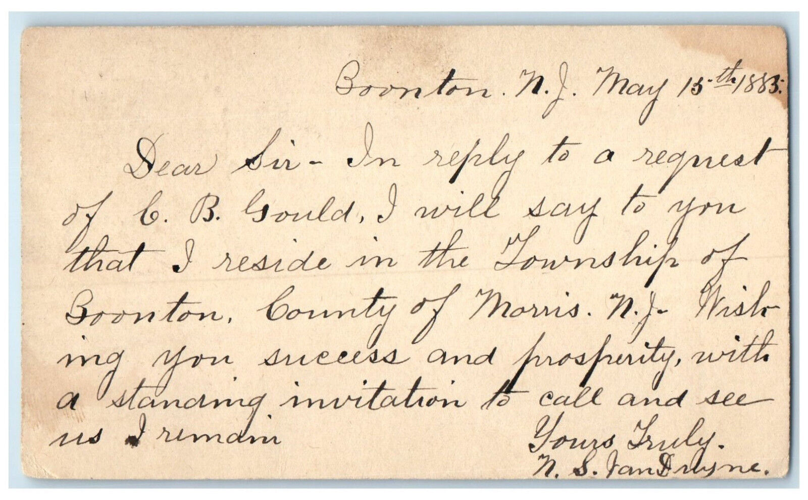 1885 Residing in the Township of Boonton County of Morris NJ Postal Card