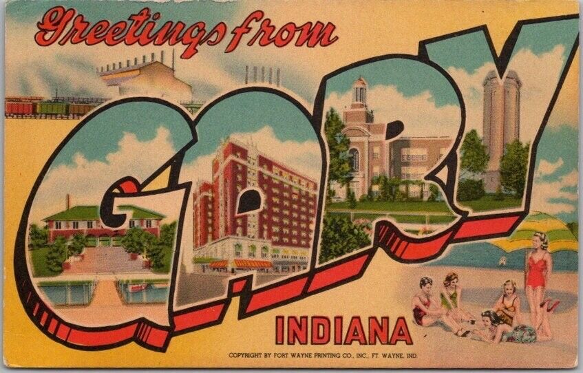 Vintage 1940s GARY, Indiana Large Letter LINEN Postcard Beach Scene / Steel Mill