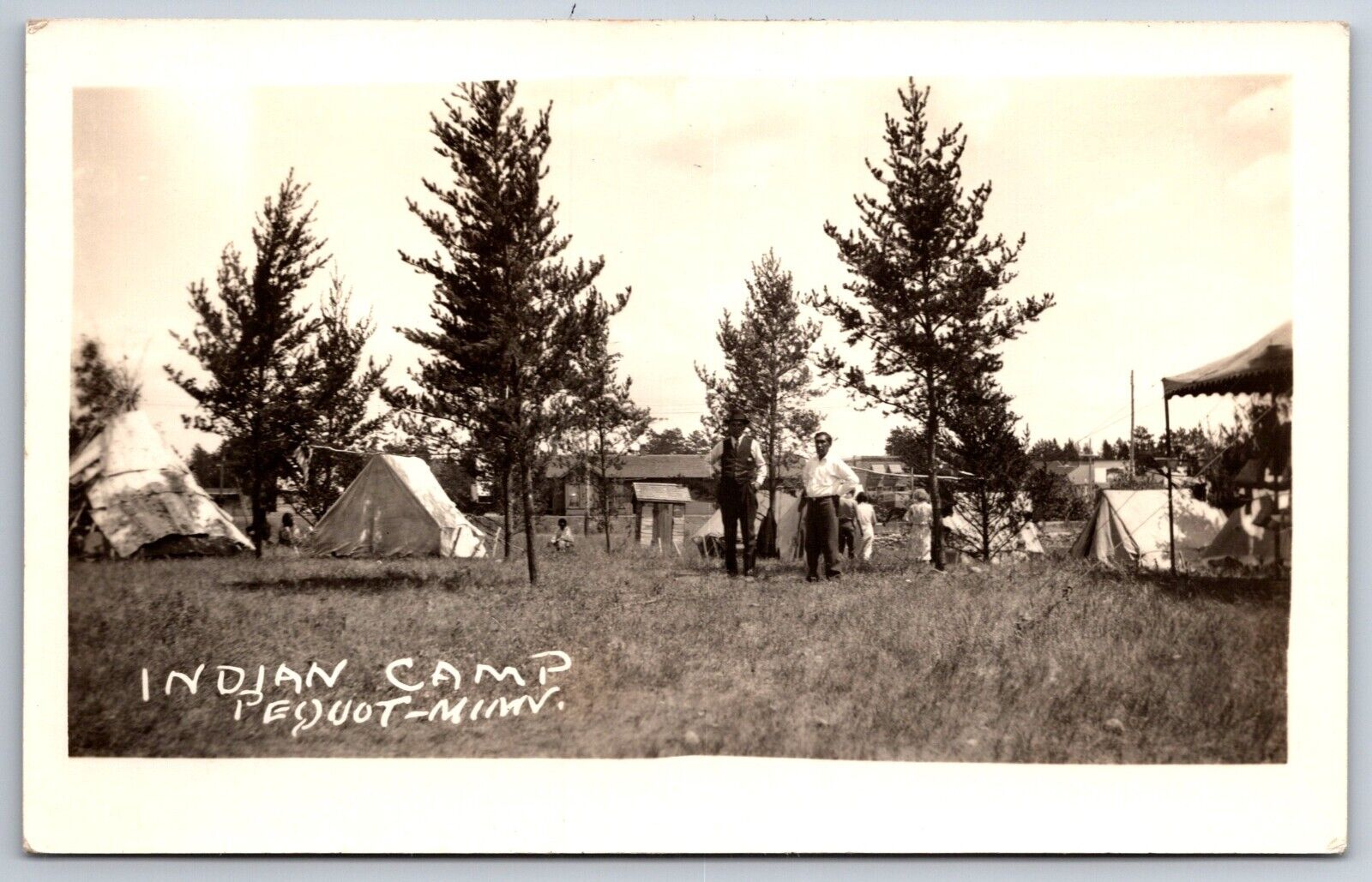 Pequot MN Indian Camp~Pup Tents & Bigger Ones~Outhouse~Tepee? c1928 RPPC PC