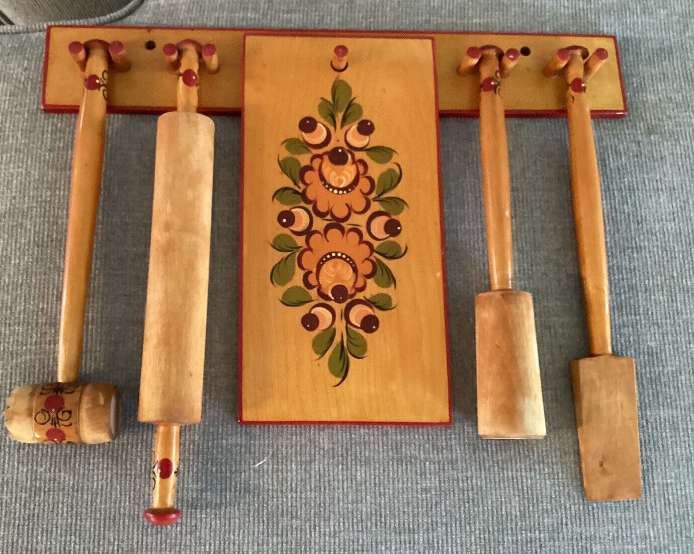 Vintage Khokhloma Hand Painted Russian Folk Art Wooden Wall Rack With Utensils