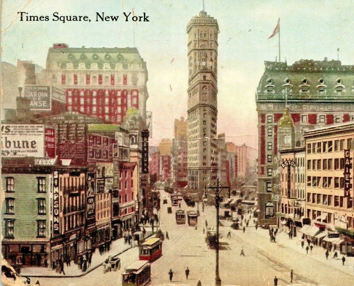 C.1910s New York City. Times Square. Trolley. Tribune Billboards. Hair Salon VTG