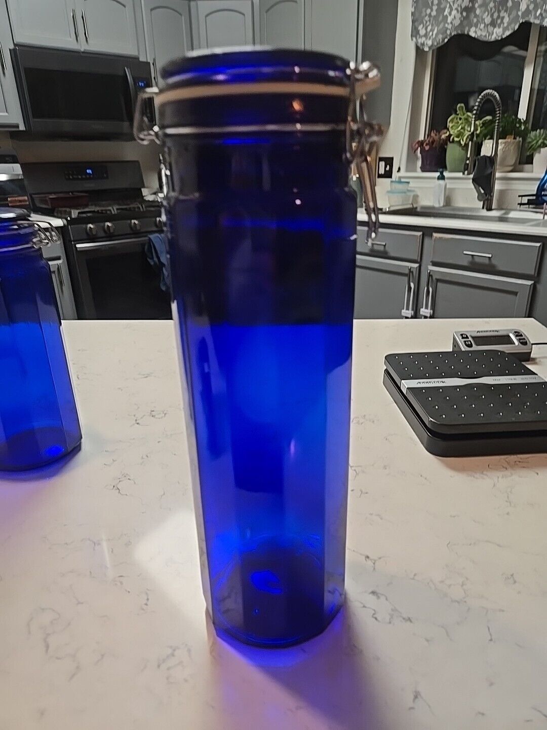 Vintage Cobalt Blue 12 inch Panel Glass Canister W Wire Bale &Lid. 13.5\