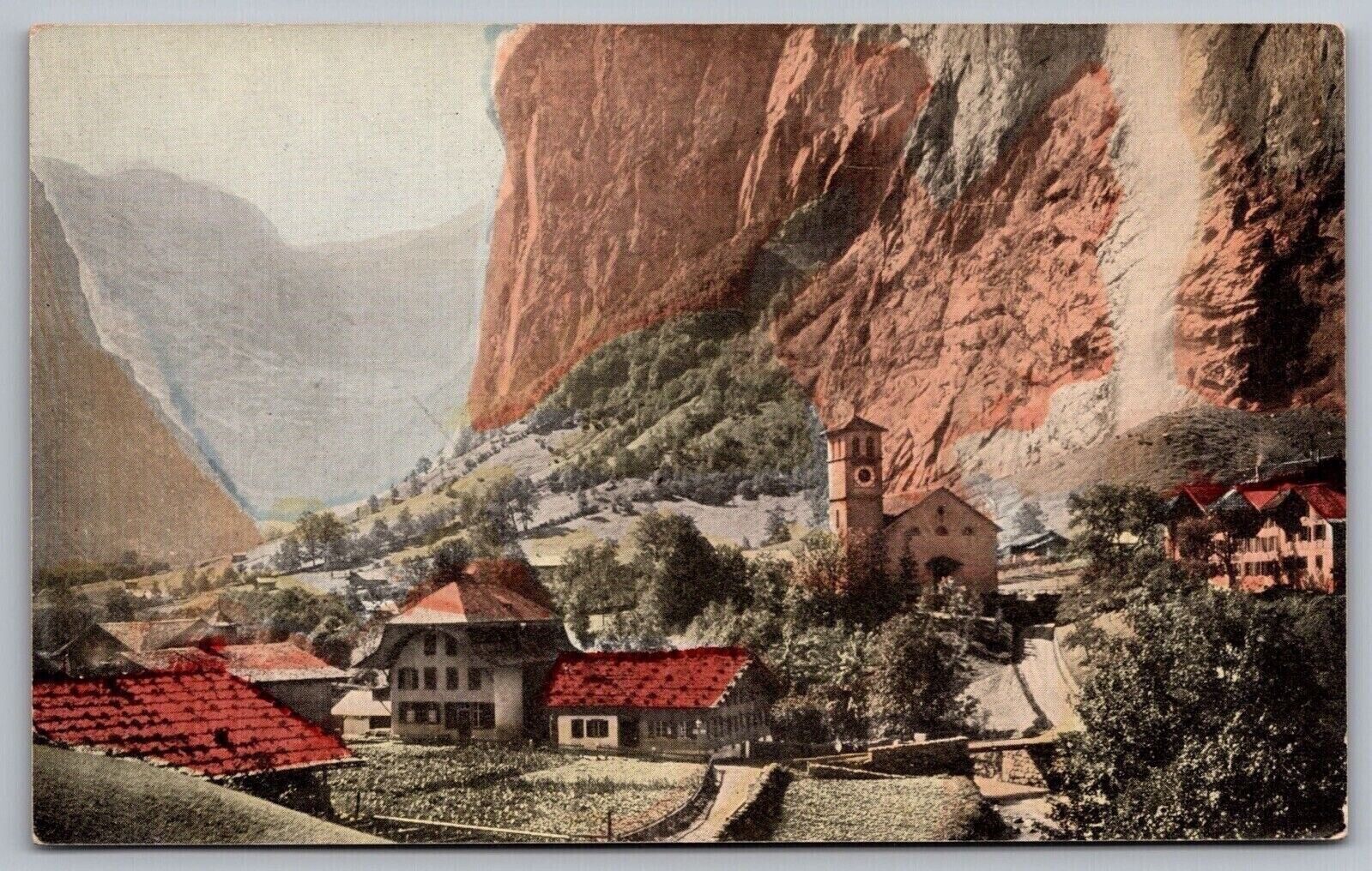 Lauterbrunner Straubach Falls Valley Town Swiss Alps Mountains Vintage Postcard
