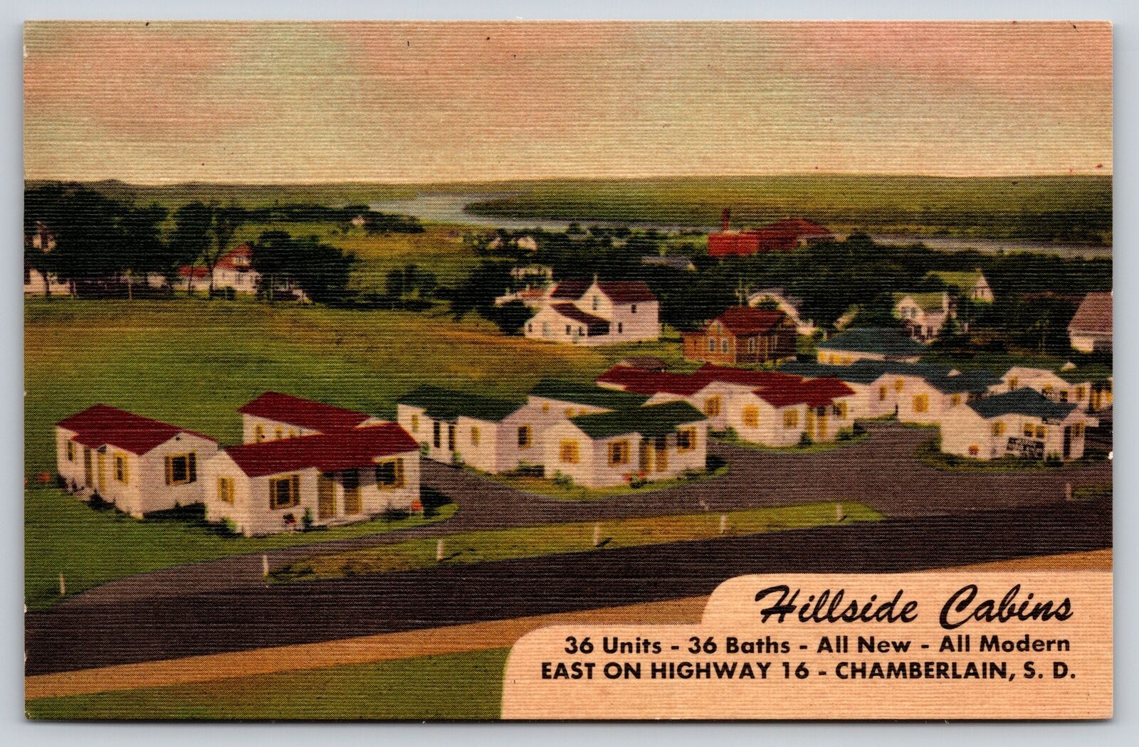 Linen~Air View Hillside Cabins Chamberlain South Dakota~Vintage Postcard