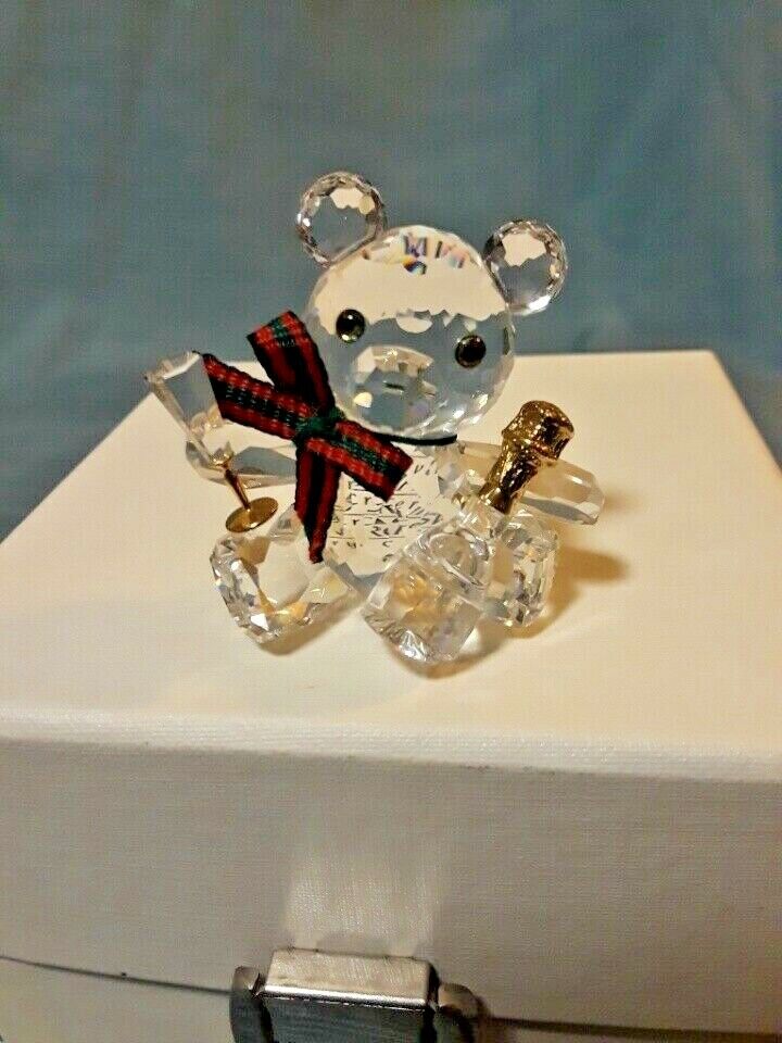 Miniature Swarovski Crystal “Kris Bear” Figurine with Champagne bottle and flute