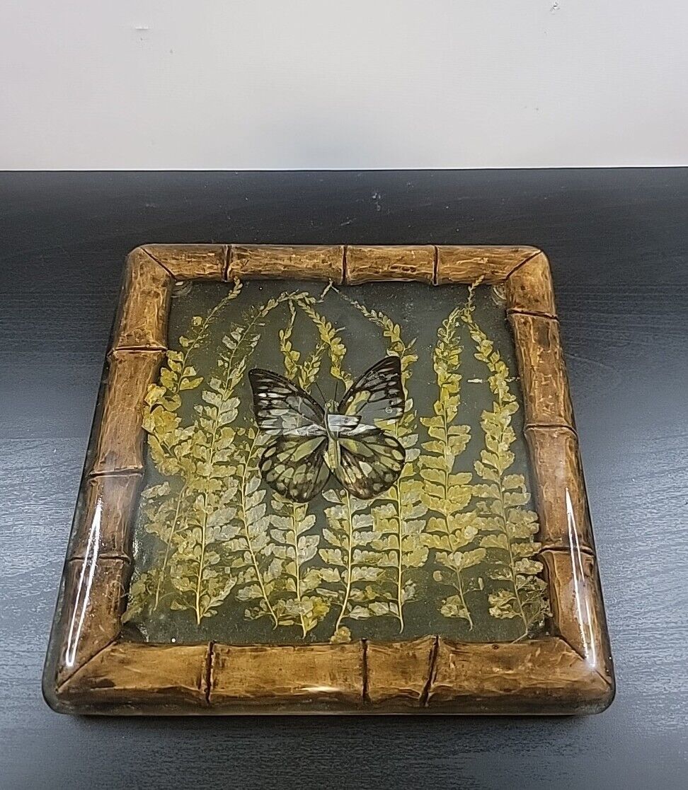 Vintage Square Trivet Pressed Flowers Ferns Butterfly Acrylic Stand Country Deco