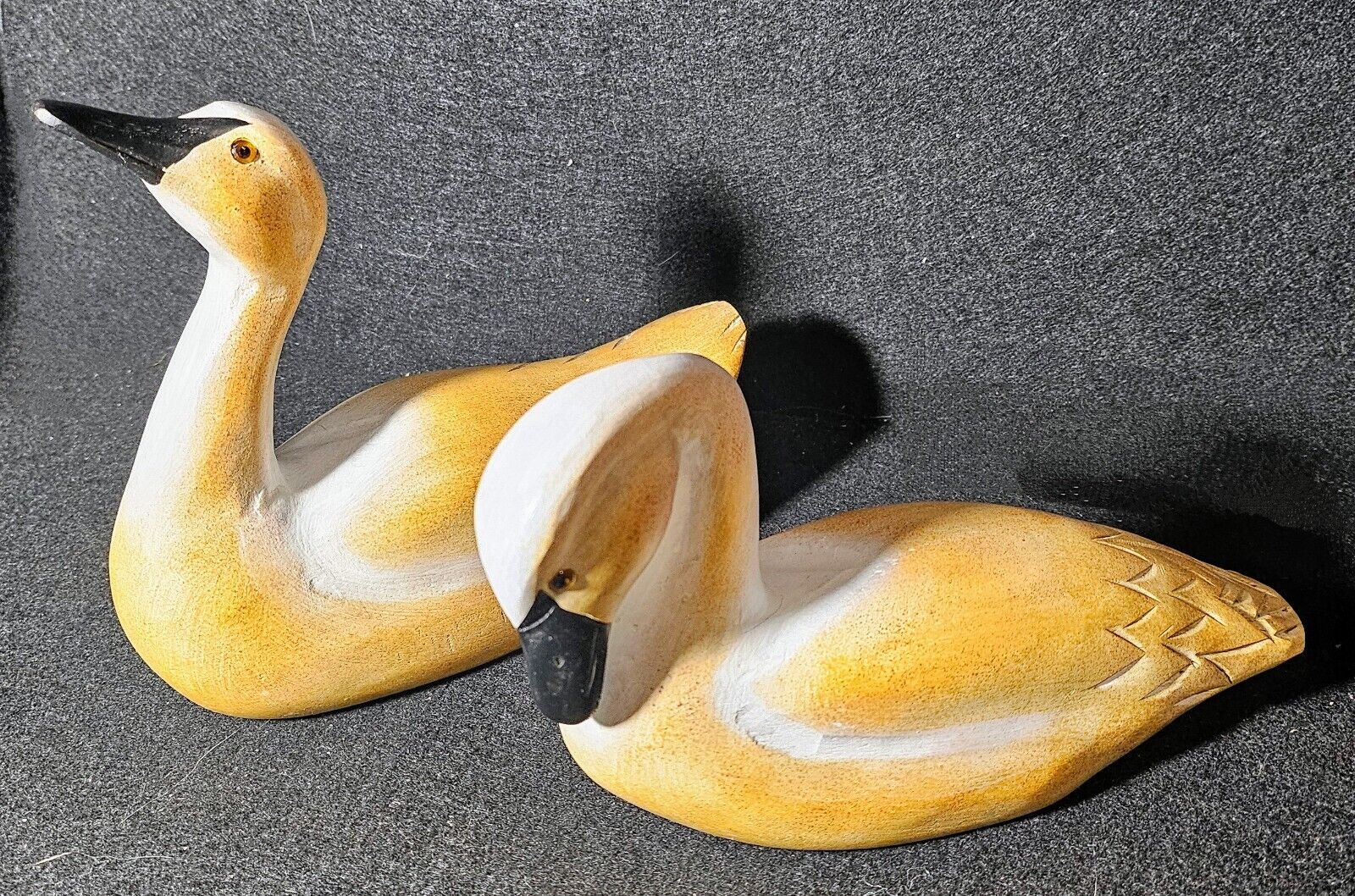 Pair Of Wooden Swans- Hand Carved And Painted Detail