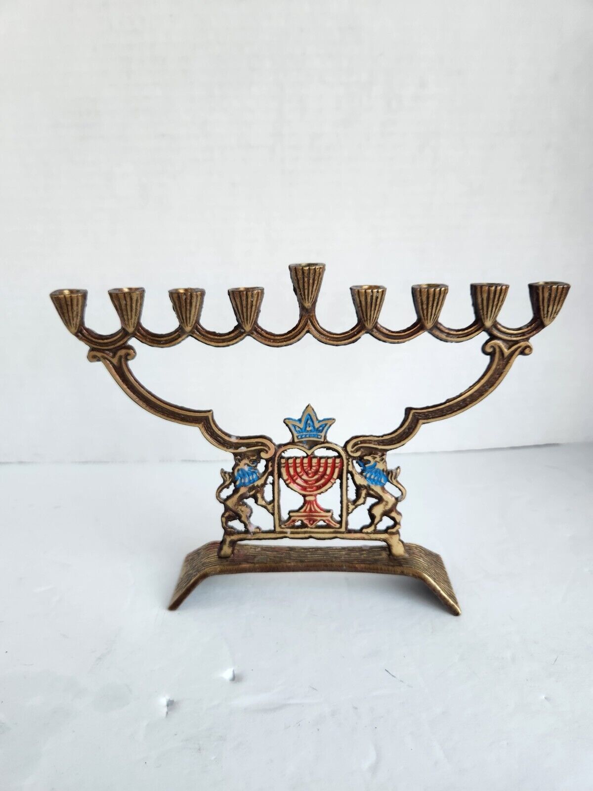 Vintage 9 Branch Brass Menorah Made in Israel Chanukah Candle Judaica Color EUC