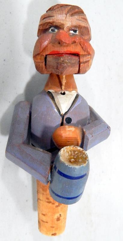 Vintage Anri Beer Drinker Hand Carved Wooden Bottle Stopper/Cork c1940-50s