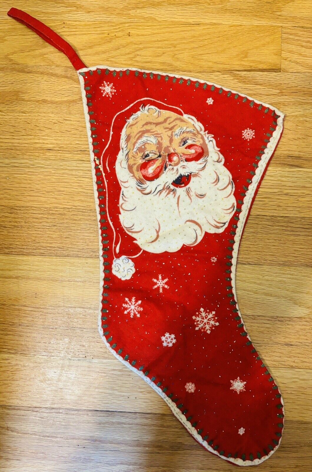 Adorable Vintage Red Cotton Santa Face Christmas Stocking