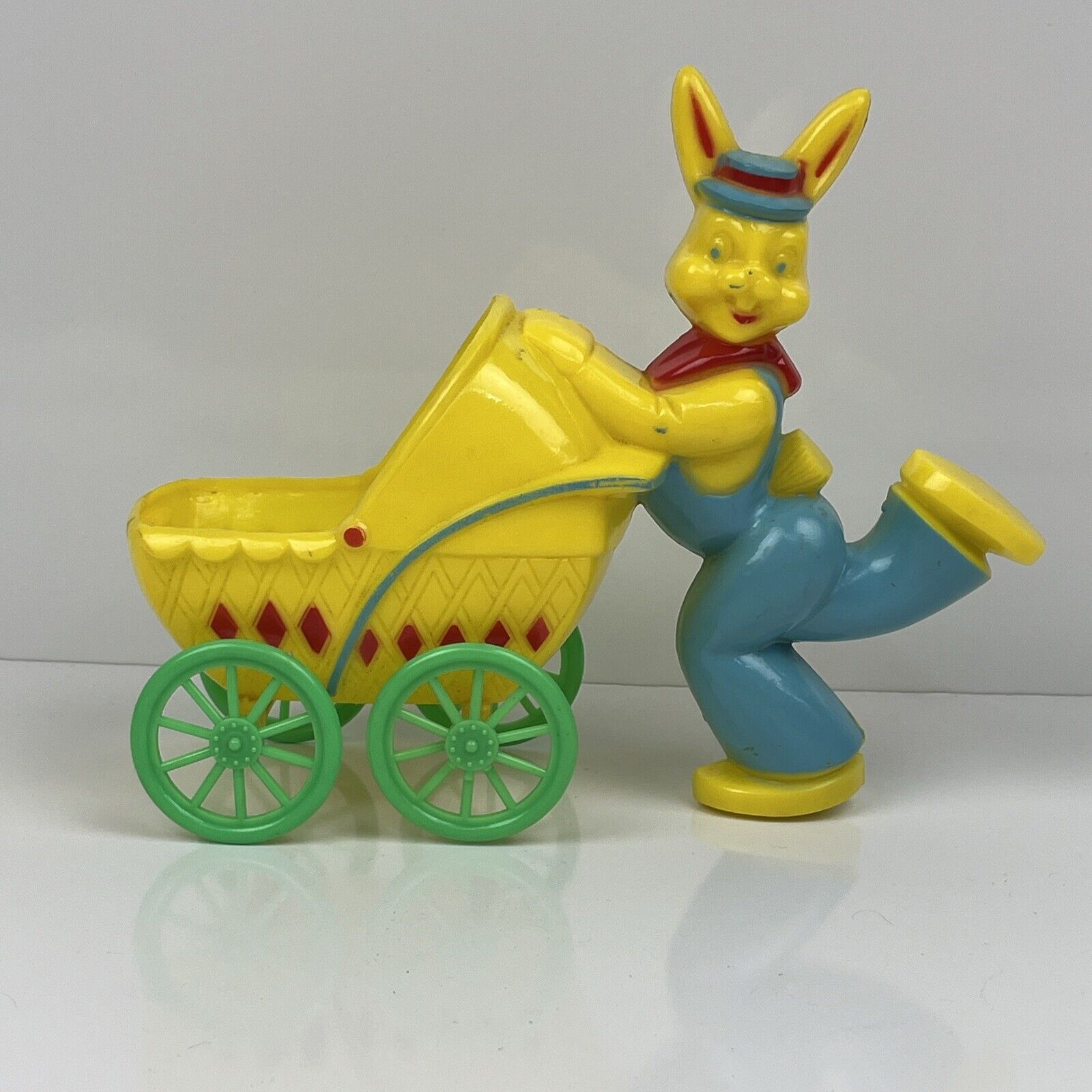 Rosbro Easter Bunny Pushing Baby Carriage - 1950s Vintage Green Wheels Hard