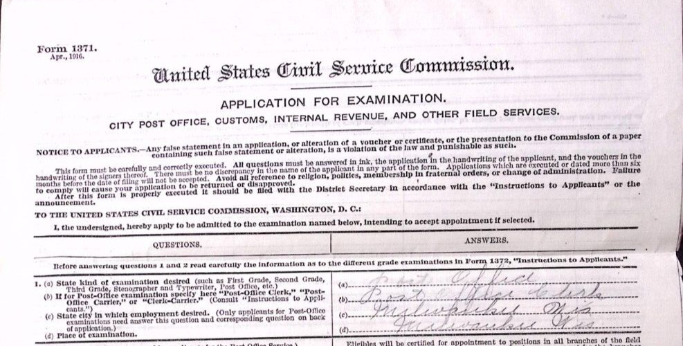 1916 UNITED STATES CIVIL SERVICE COMMISSIOIN APPLICATION POST OFFICE Z428
