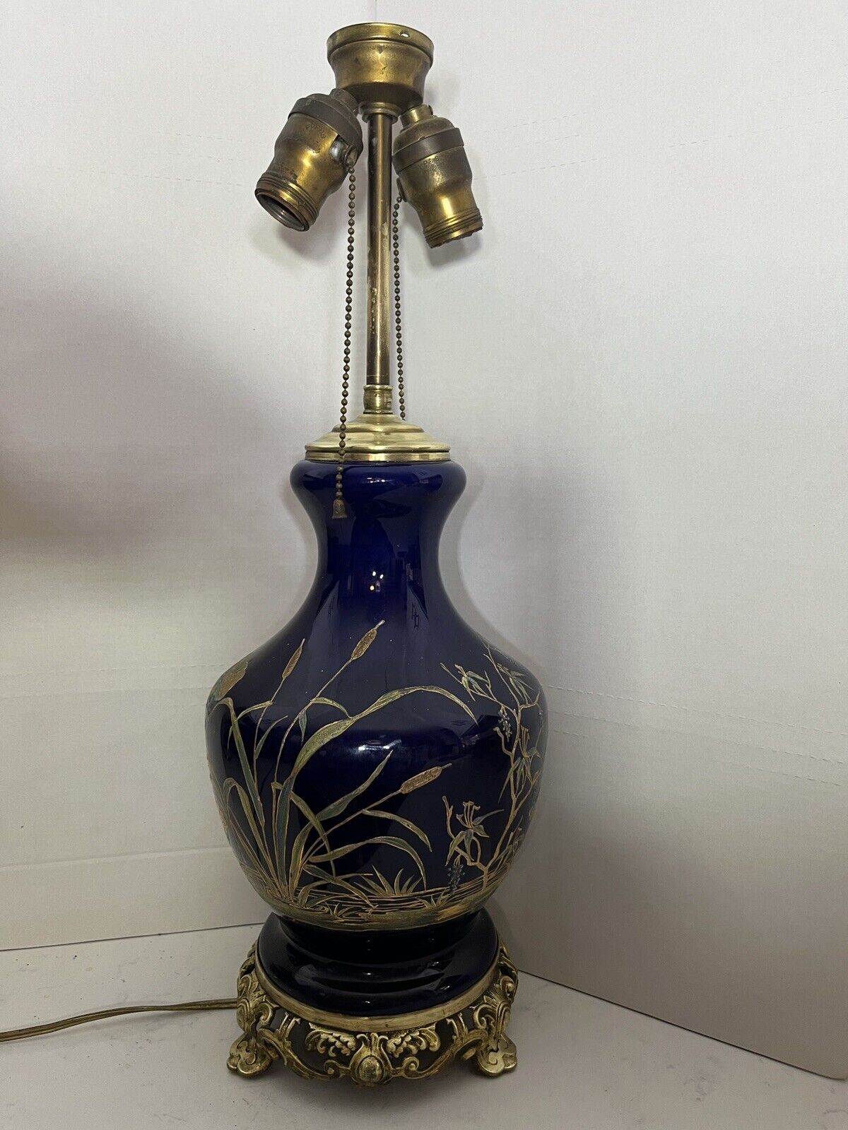 Hand-Painted High Texture Asian Cobalt Blue Porcelain Lamp