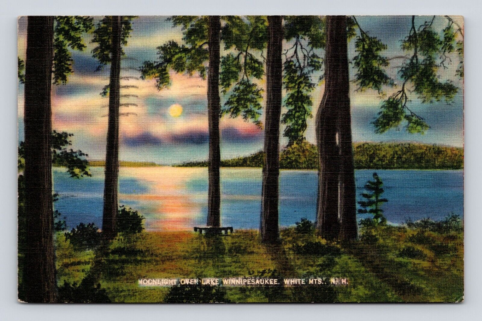 Postcard Moonlight Lake Winnipesaukee White Mtns Laconia New Hampshire NH 1939