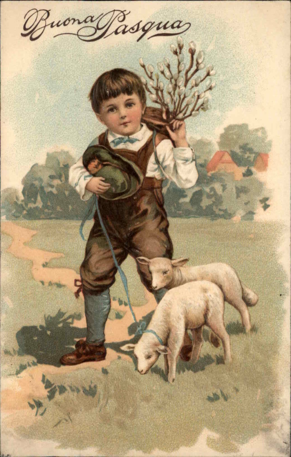 Easter Boy Walking Sheep Embossed PFB c1900s-10s Postcard