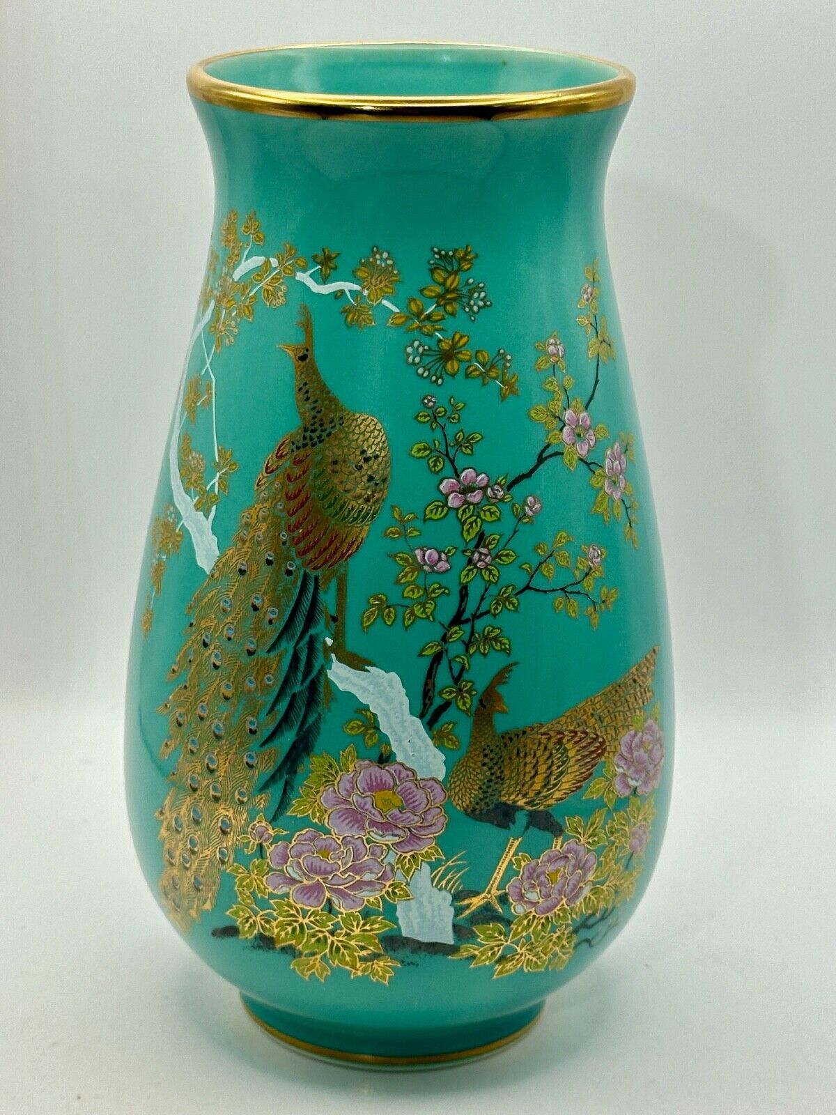 Vintage Asian Japanese Chinese Enamel Porcelain Ceramic Vase Peacock Teal