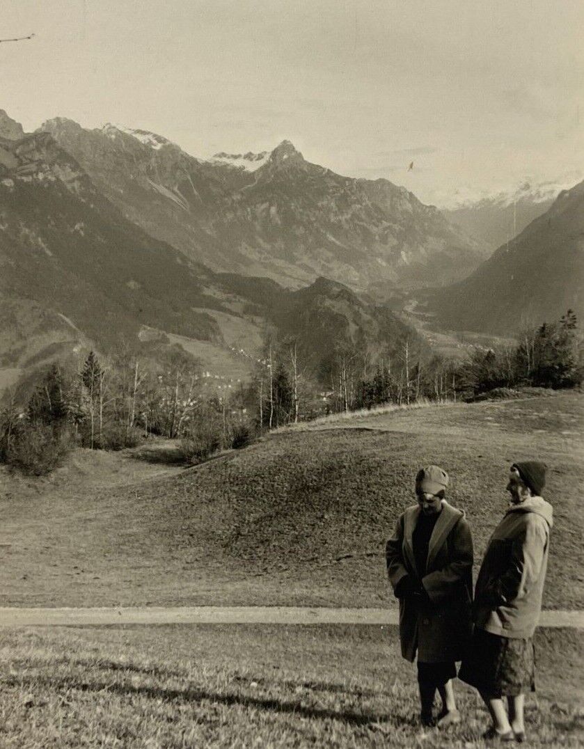 Two Women Standing In Valley Mountains Behind B&W Photograph 3 x 4