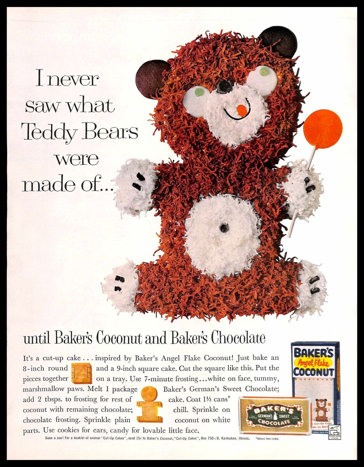 1961 Baker's Coconut Chocolate Teddy Bear Cake Vintage PRINT AD Baking Recipe
