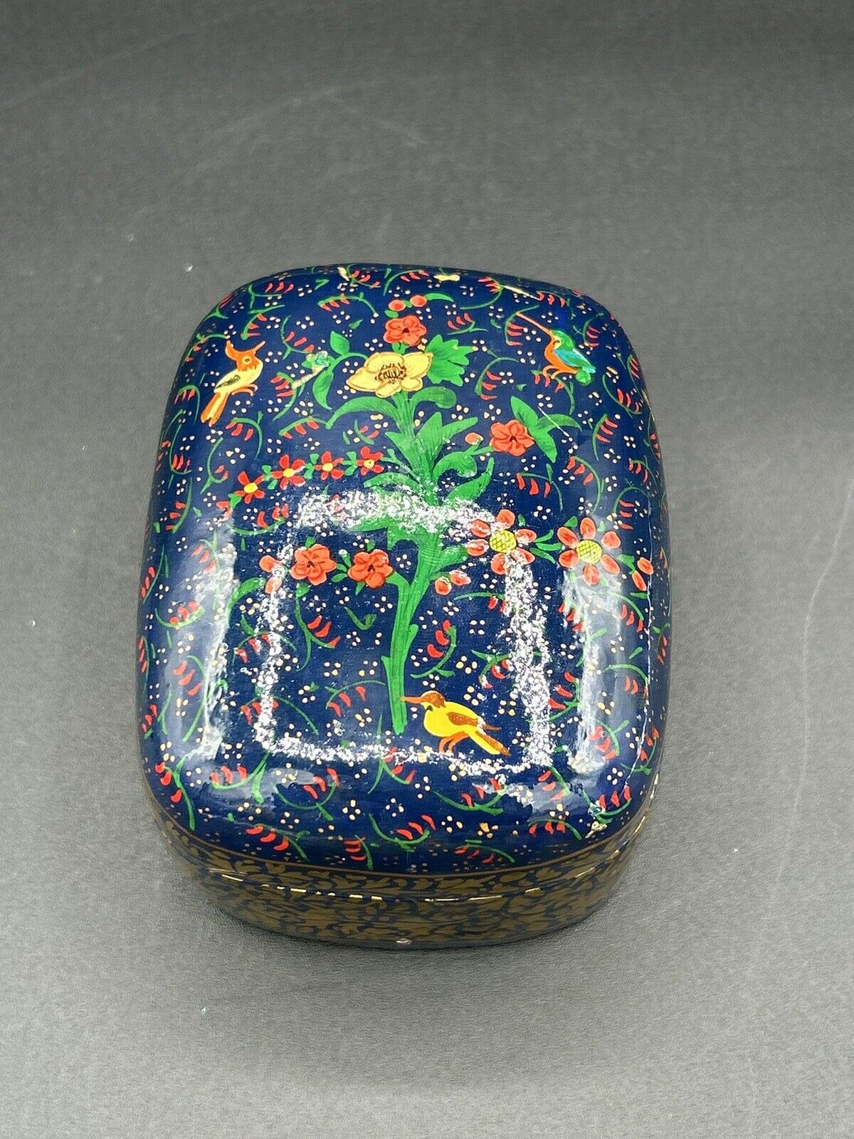 Lacquered Paper Mache Trinket Jewlry Box Hand Painted Flowers Birds Blue Gilded