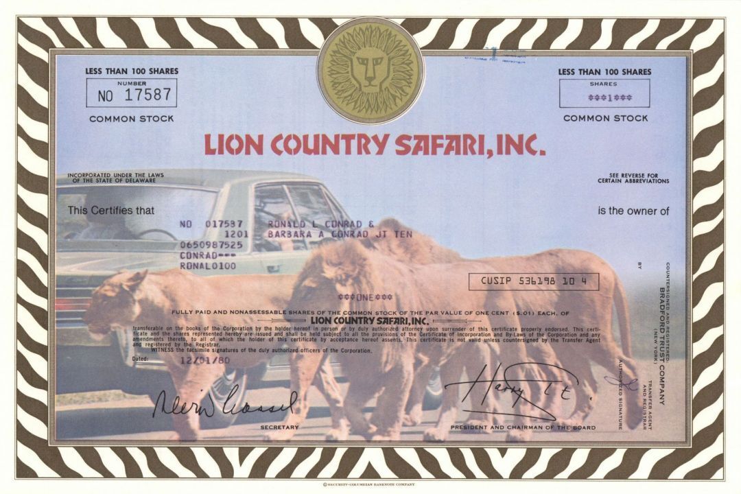 Lion Country Safari, Inc. - Stock Certificate - General Stocks