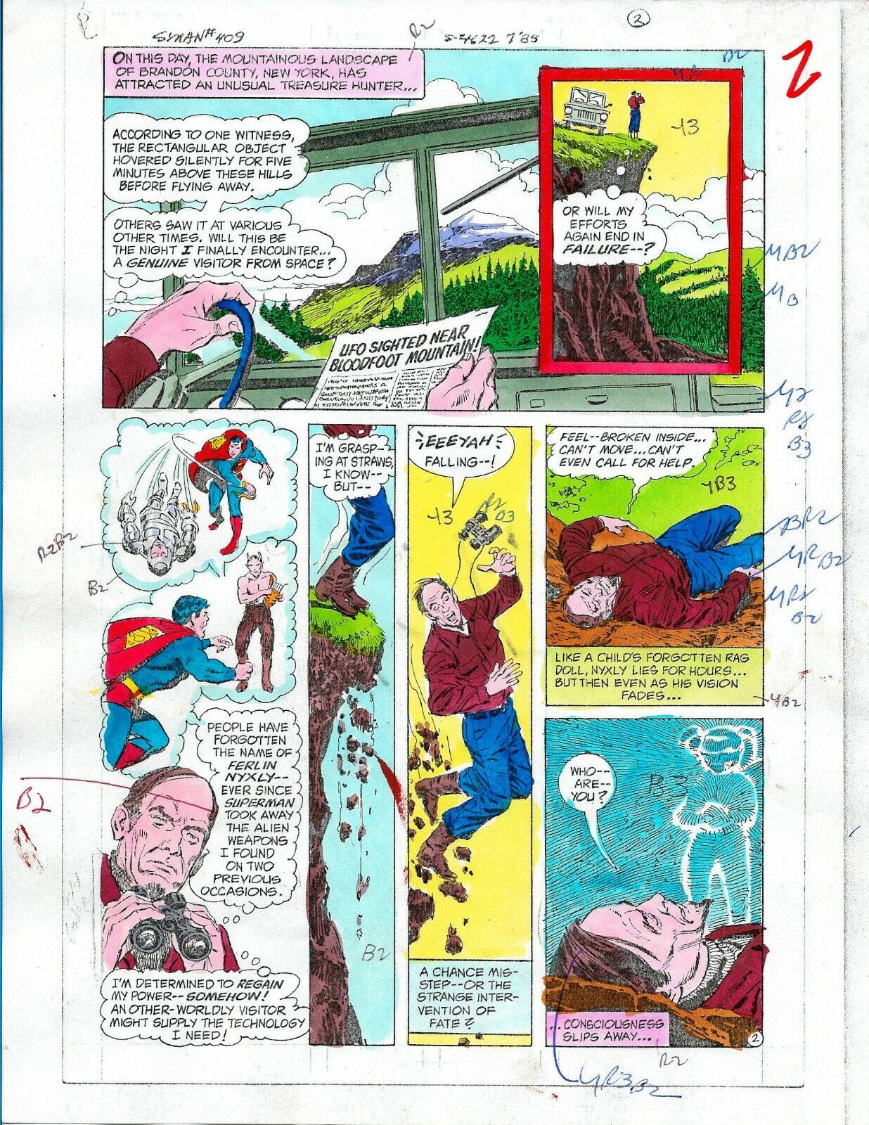 Original 1985 Superman DC color guide art page: Used in production of comic book