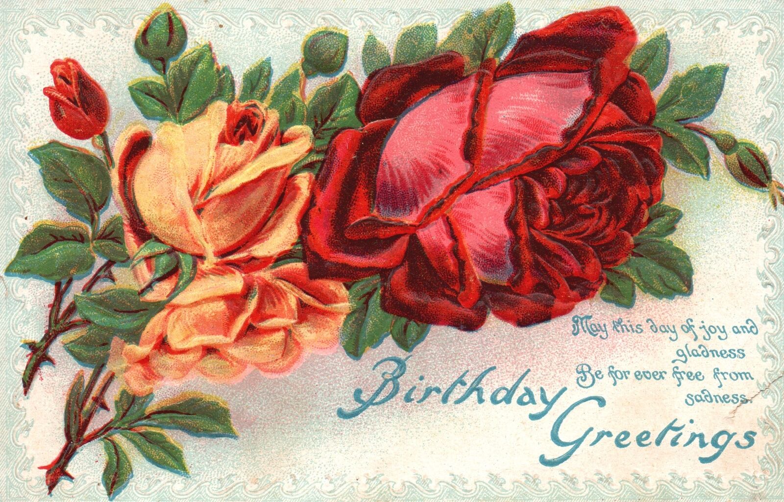 Vintage Postcard Birthday Greetings Red Orange Rose Flowers Wishes Card