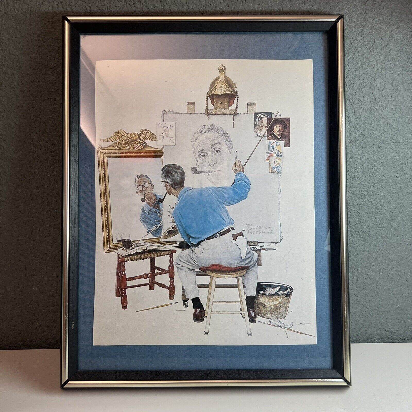 Norman Rockwell (Triple Self Portrait) Lithograph Framed