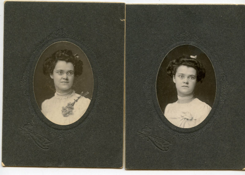 2 Antique Photos - Same Young Lady Wearing Glasses