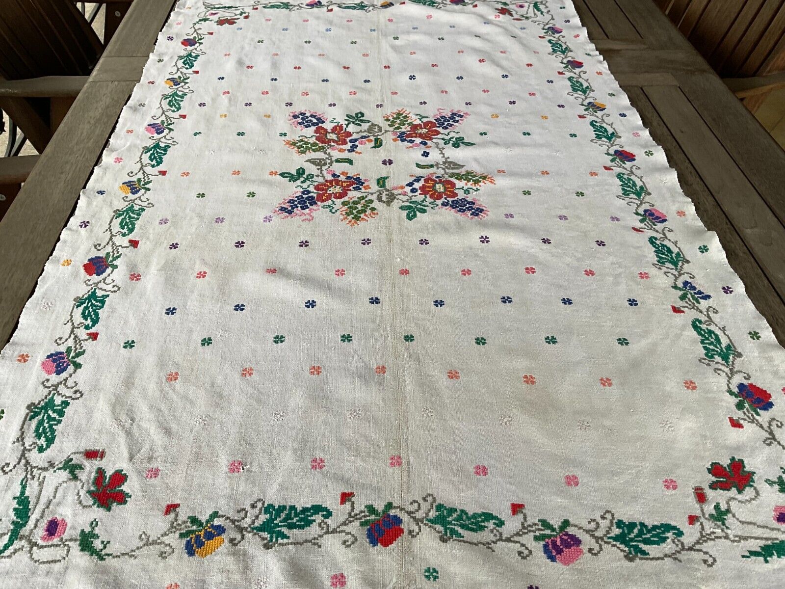 Antique Handwoven Hand Embroidered Tablecloth Homespun Linen Rustic Table Decor