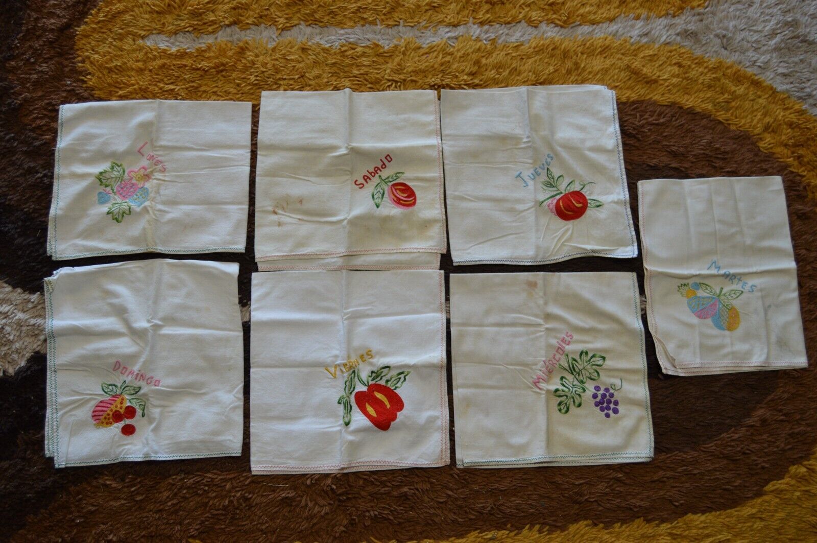 7 Vintage Spanish Embroidery Dish Towels Days of the Week Collectible Kitchen