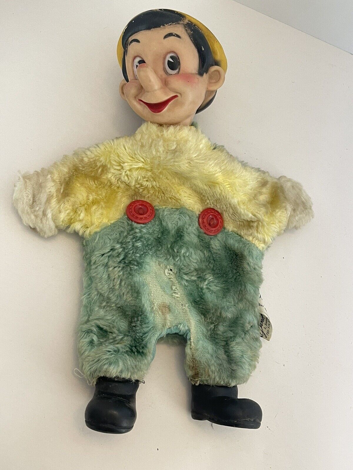 Gund PINOCCHIO Hand Puppet Walt Disney Yellow Hat Blue Feather Plush Body Rubber