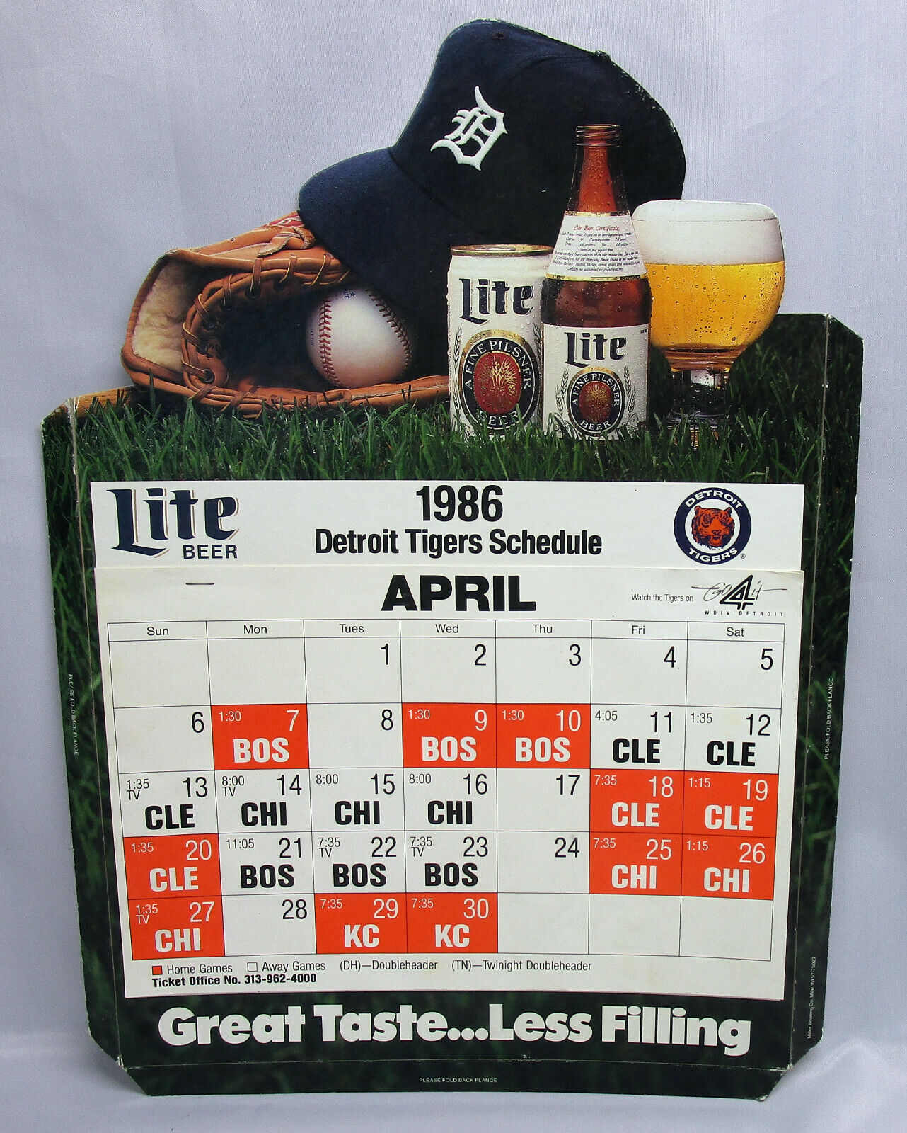1986 Detroit Tigers Schedule Calendar—w/Back Stand—CLEAN—Lite Beer Promo