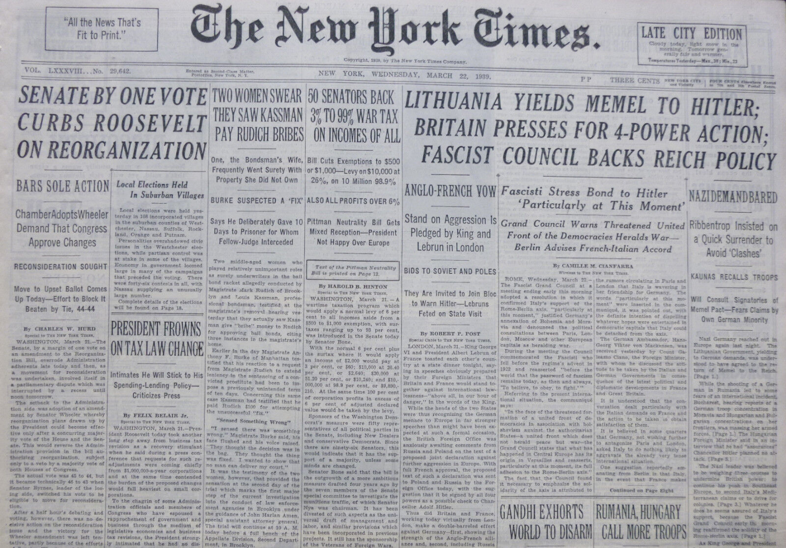 3-1939 WWII March 22 LITHUANIA YIELDS MEMEL TO HITLER BRITAIN PRESSES FOR ACTION