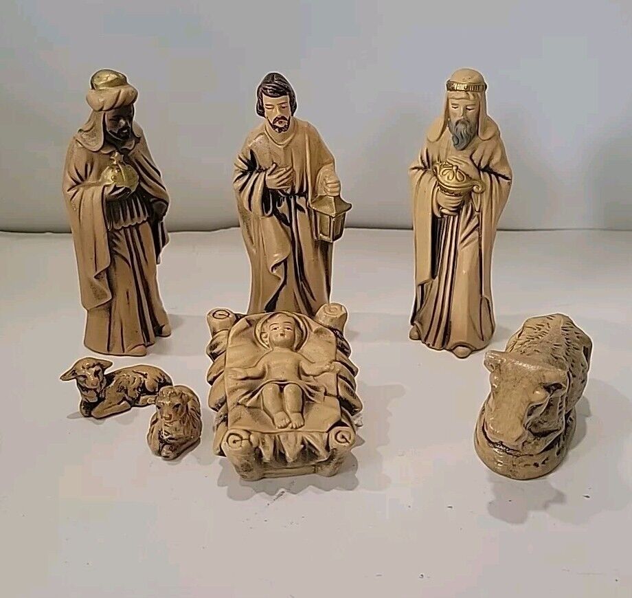 Vintage 7 Piece Nativity Set, White Golds from Japan - Paper Mache, Not Complete