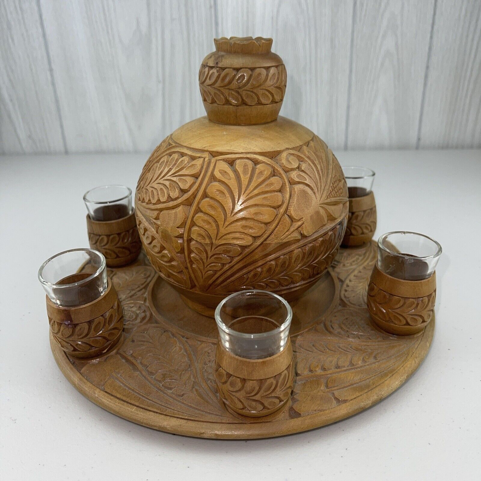 VINTAGE Hand Carved Wood Encased Glass Liquor Decanter Serving Tray 6 Glasses