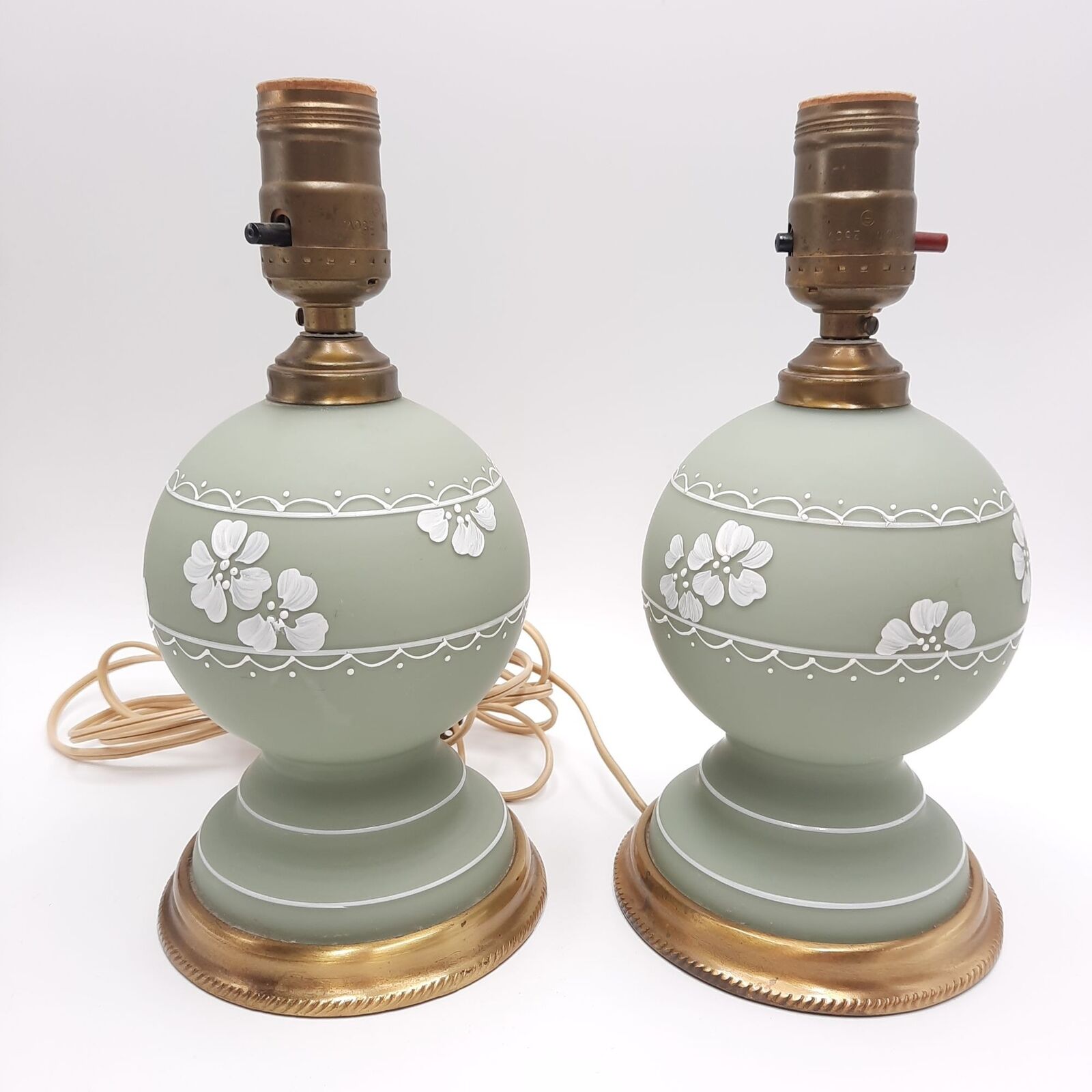 Pair Vintage Sage Green Jasperware style Set Lamps White Flowers Works