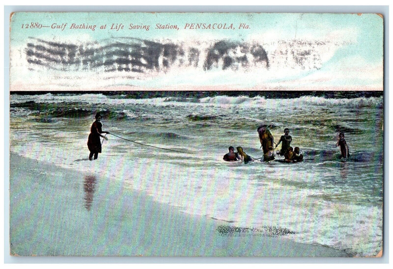 1910 Gulf Bathing Life Saving Station Beach Waves Pensacola Florida FL Postcard
