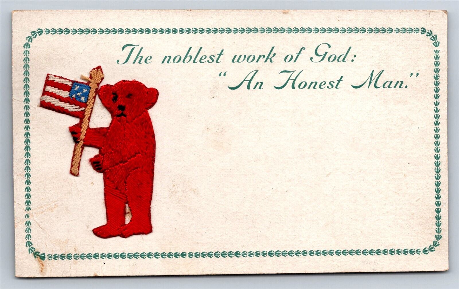 Postcard Patriotic Religious God Honest Man Embroidery Red Silk Bear Flag AD26