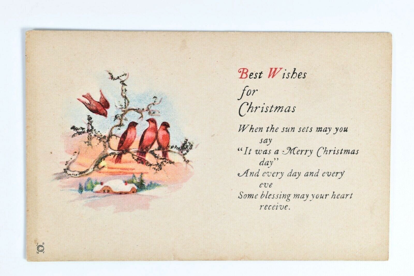 C. 1915 Best Wishes for Christmas Poem Holiday Red Birds w/ Glitter Postcard