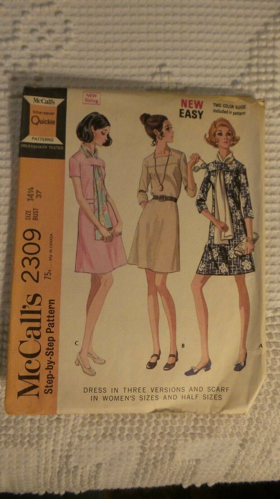 1970 Vintage McCall\'s Sewing Pattern #2309 Dress, 3 Versions & Scarf Sz 14-1/2