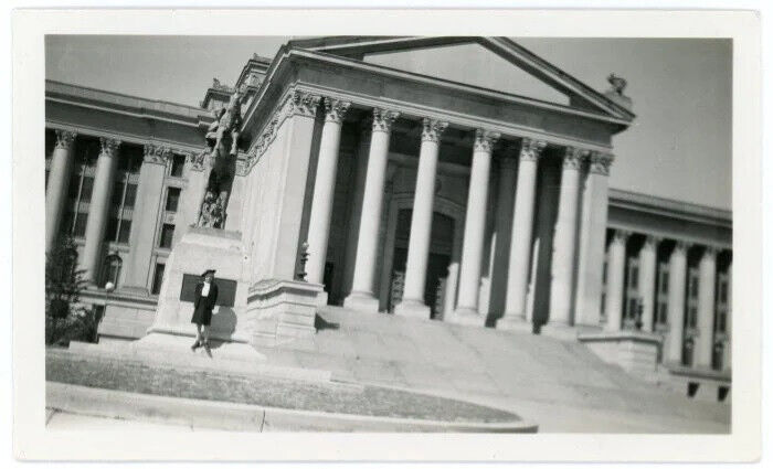 Woman by Oklahoma State Capitol Building Old Vintage Snapshot Photo Capital 145