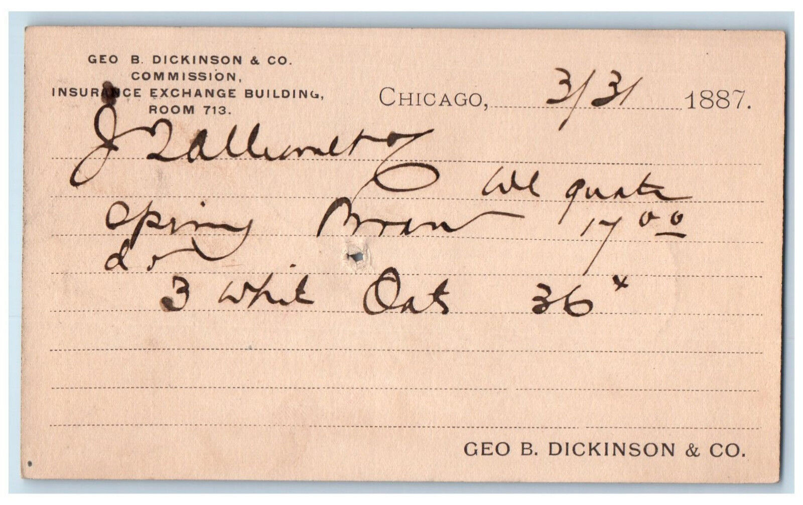 1887 Geo B Dickinson Chicago Illinois IL Baltimore Maryland MD Postal Card