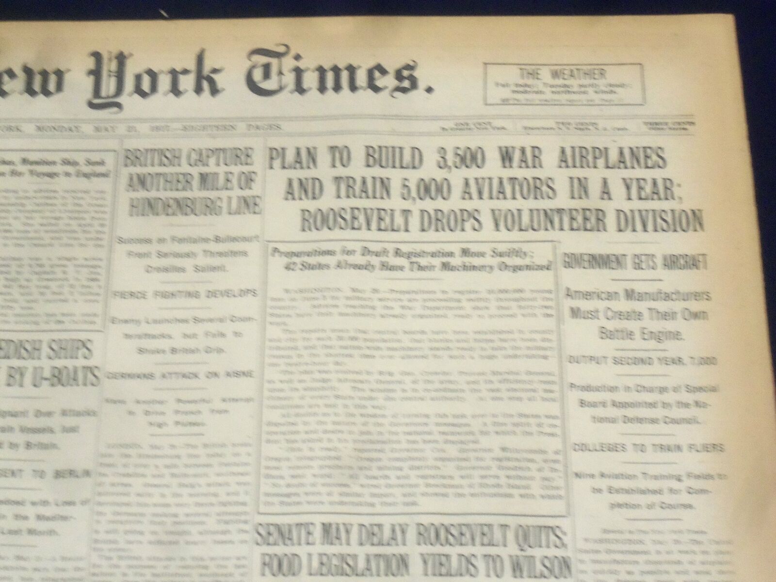 1917 MAY 21 NEW YORK TIMES - PLAN TO BUILD 3,500 WAR PLANES - NT 9152