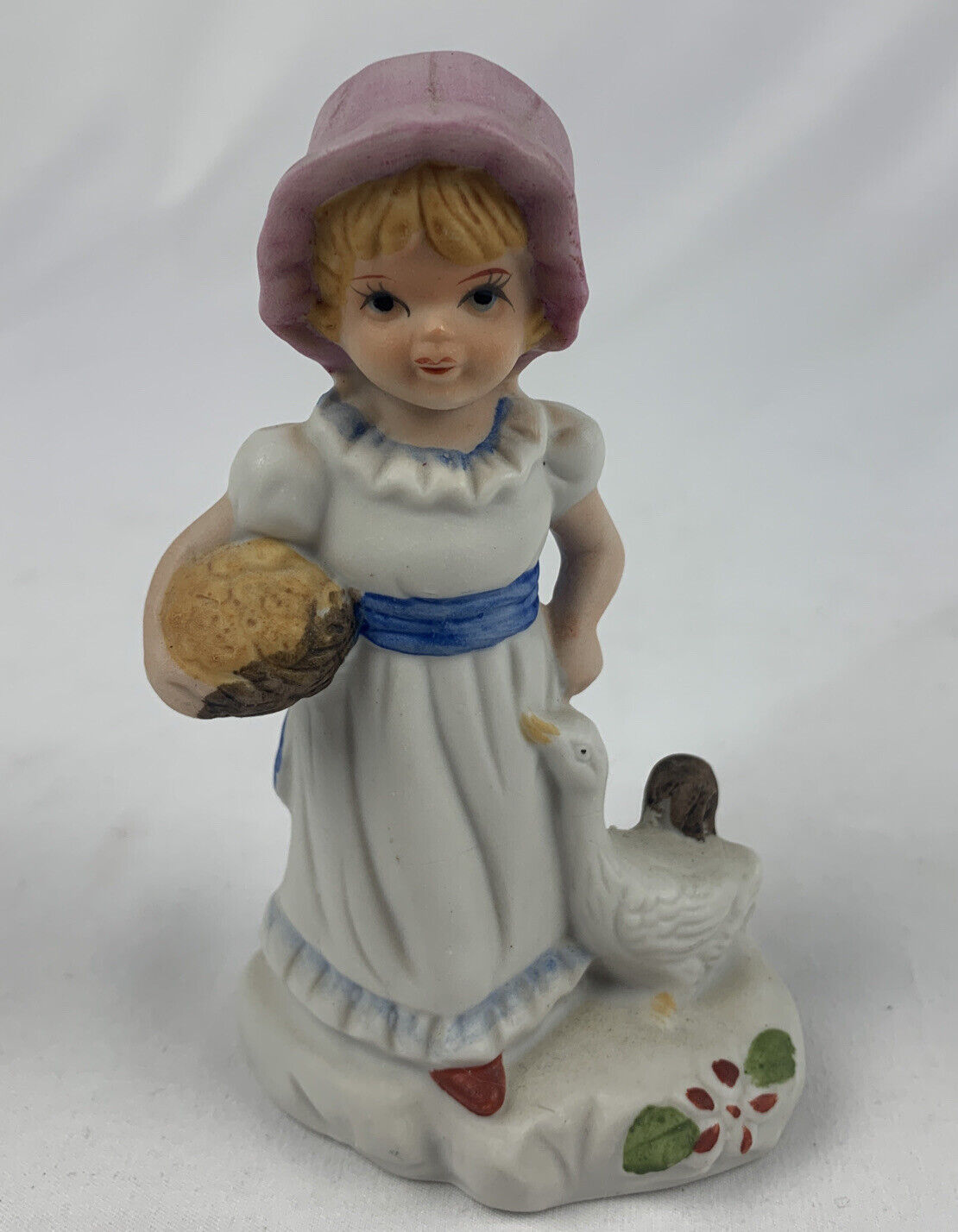 Vintage Figurine Girl Holding Basket with Duck Deville Ceramic Taiwan 5” tall