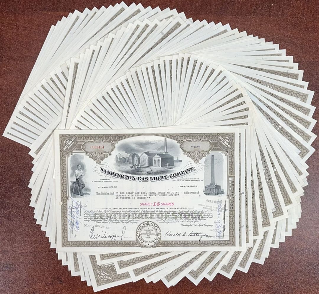 100 Pieces of Washington Gas Light Co. dated 1960's-70's - 100 Stock Certificate